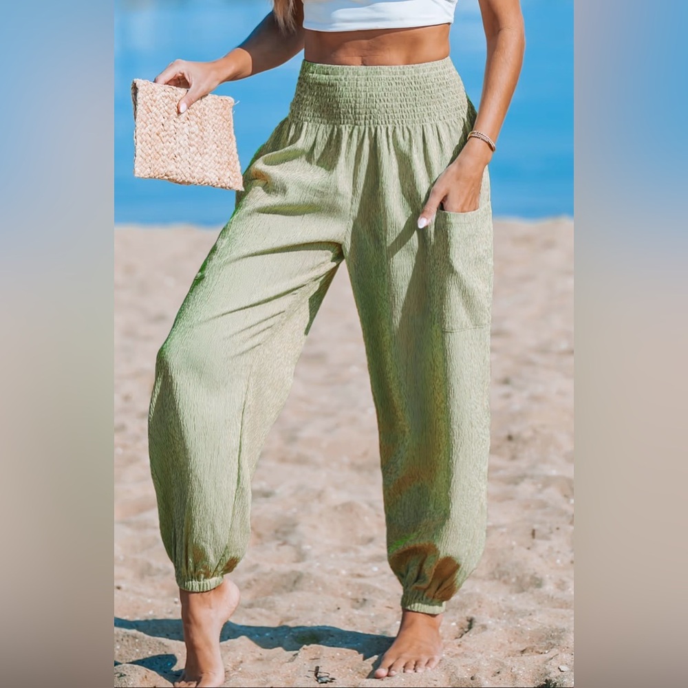 Green Striped Smocked Waist Patch Pocket Pants